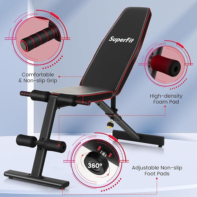 GYMAX Weight Bench, Adjustable Bench Press with 8 Back Positions & 3 Foot Positions, Padded Back & Seat Cushions, Incline/Decline/Flat Workout Bench for Weight Lifting Strength Training Home Gym