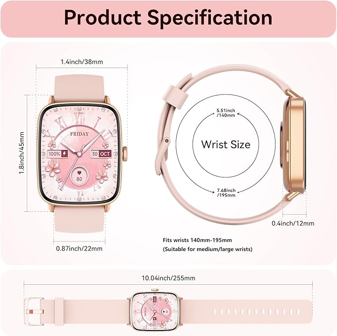 Tensky Smart Watch for Women/Men Android & iPhone, 1.85" Touch Screen Fitness Tracker with Answer/Make Call, IP68 Waterproof Heart Rate/SpO2/Sleep Monitor, Pedometer, 100+ Sport Modes (2 Bands)