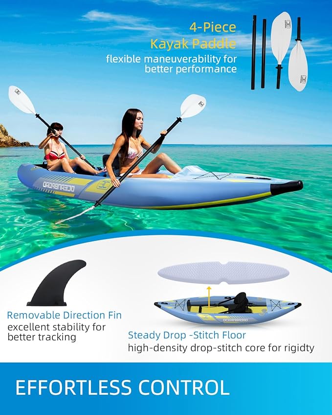 OCEANBROAD Inflatable Sit-in Kayak, 1 Person/2 Person Blow Up Kayak for Adults with Paddle, Kayak Seat, Pedal, Hand Pump and Bag, Blue/Sky Blue