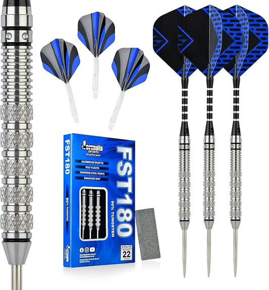Formula Sports 90% Tungsten Darts Metal Tip Set 21g/22g/23g/24g, Professional Steel Tip Darts Set with Aluminum Shafts, Tungsten Barrels, Extra Flights, Dart Sharpener, Gift Box