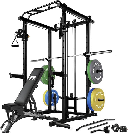 RitFit Multi-Function Squat Rack Power Cage PPC03 with Cable Crossover System, 1000LBS Capacity Power Rack and Packages with Optional Weight Bench, Barbell Weight Set, for Garage Workout & Home Gym