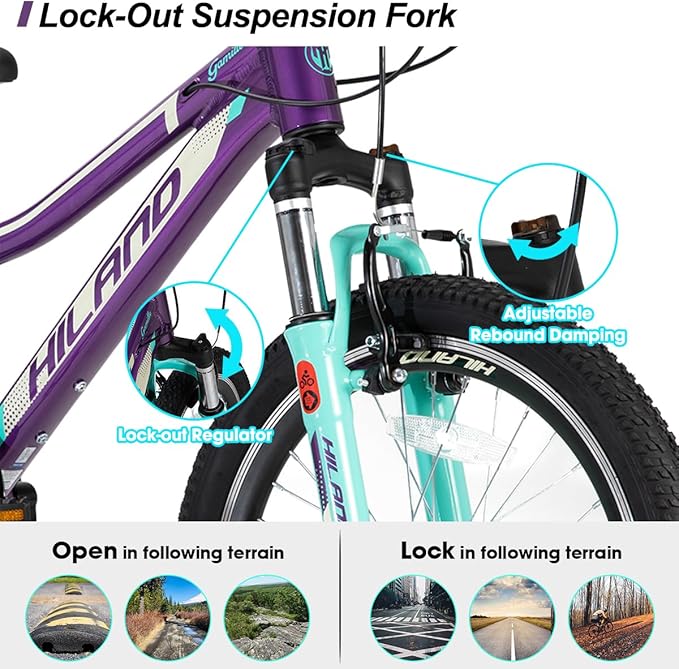 HILAND 20 26 27.5 Inch Mountain Bike for Women Girl, 7/21 Speed with Lock-Out Suspension Fork, Aluminum Frame MTB, Adult Ladies Womens Bike Mens Bicycle