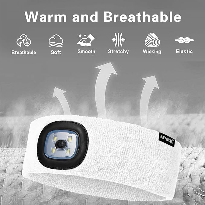 ATNKE 4 LED Lighted Sport Sweatband,USB Rechargeable Running Head Band Lamp High Stretch Wicking Gifts for Men and Women