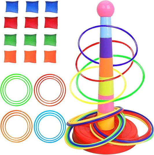 Colorful Plastic Sport Ring Toss Game Set for Kids,1 Colorful Columns+24 Rings+12 Bean Bags,Outside Toys Carnival Ring Circle Game,Outdoor Kids Sports Educational Toys