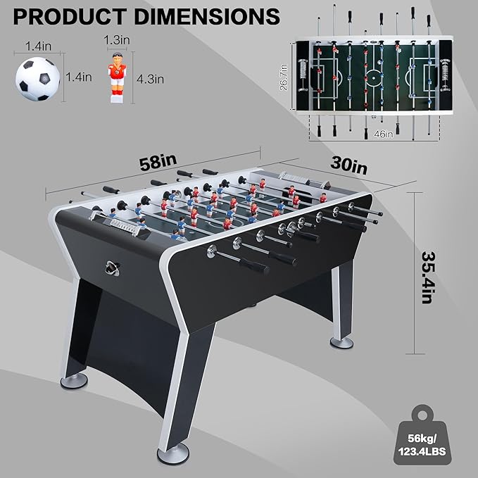 Foosball Table, 58" Competition Sized Soccer Table Game, Heavy Duty Arcade Game Table with 2 Balls for Adult, Kids, Home, Indoor Game Room Sport