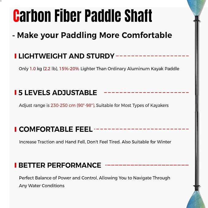 Kayak Paddle Carbon Fiber Shaft and Reinforced Nylon Blade, Adjustable Kayaking Oars, 3 Piece, 230-250 cm/90-98 Inches,210-230 cm/82-90 inches