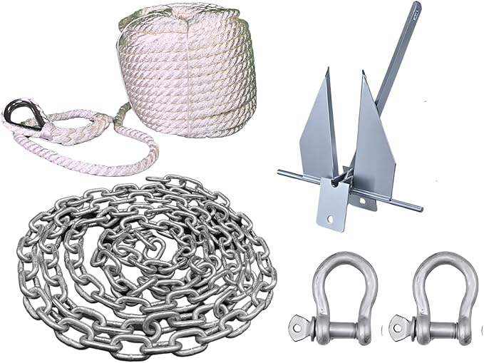 MarineNow Fluke Anchor Kit – Hot-Dip Galvanized Anchor with Chain, 98 ft Marine Rope & Shackles | Choose 5 lb (10–18 ft Boats), 8.5 lb (15–24 ft), or 13 lb (20–32 ft)