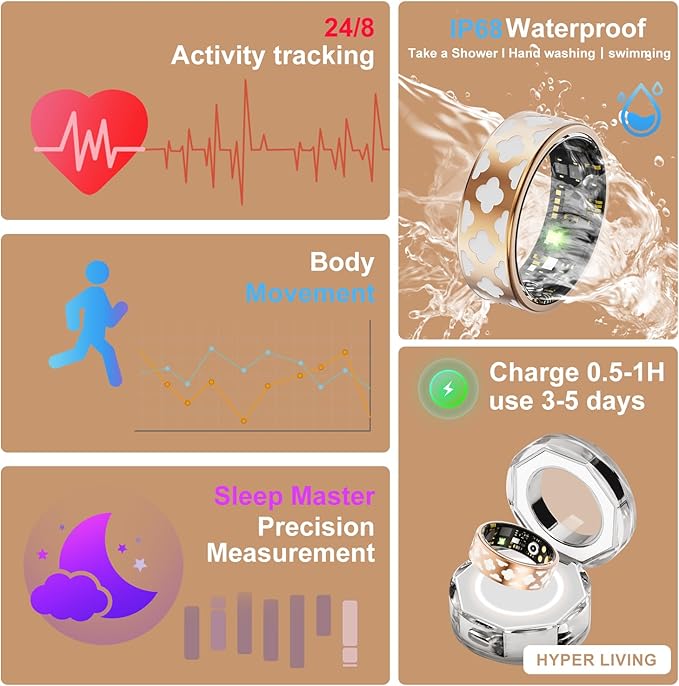 Smart Ring Health Tracker, Sleep Tracker Ring with Heart Rate, Waterproof Fitness Ring for Activity Monitoring/Steps/Distance/Calories, Air Gesture (10)