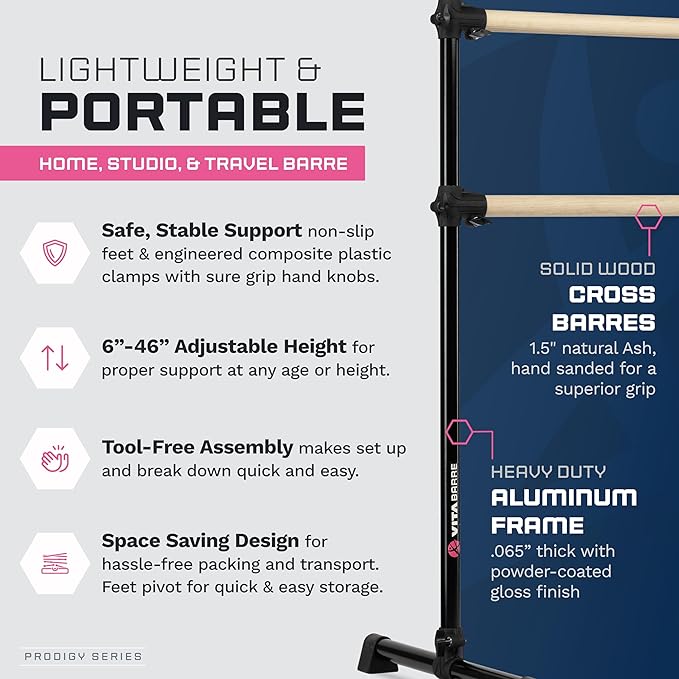 VITA Barre Portable Freestanding Double Ballet Barre, Prodigy, Wood | Adjustable Height, USA Made, Home or Gym Exercise Equipment for Kids & Adults | Dance, Fitness, Pilates