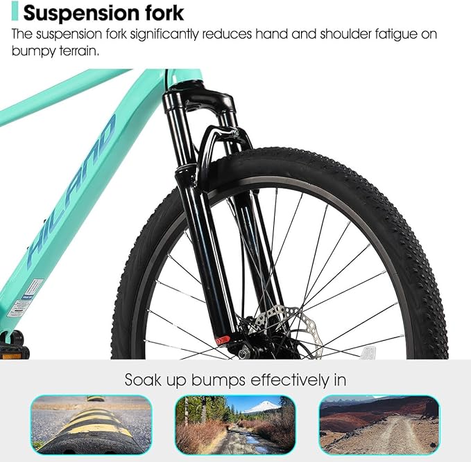 HILAND 26 Inch Mens and Womens Mountain Bike,21 Speed Mountain Bicycle with Dual Disc Brake, Front Suspension Fork, High Carbon Steel Frame Urban Commuter Bike for Adults