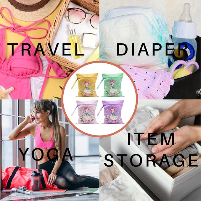4 Pack Cute Wet Bag Waterproof Washable Reusable Wet Dry Bag for Swimsuit Clothes Cloth Diaper Travel Beach Pool Yoga Gym Toiletries Travel Beach Essentials, Bow Animal Goose Decor Lovers Gift