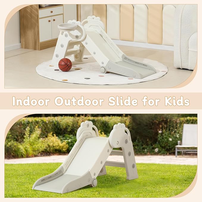 Toddler Slide, Indoor Slide for Toddlers Age 3+, Climber Freestanding Playset with Basketball Hoop, Easy to Store and Set Up, Gray
