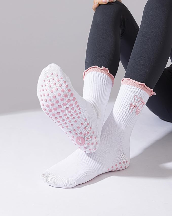 Yawlsow Pilates Grip Socks for Women Yoga Grippy Socks Cute Barre Non Skid Athletic Crew Sticky Sock Workout Hospital
