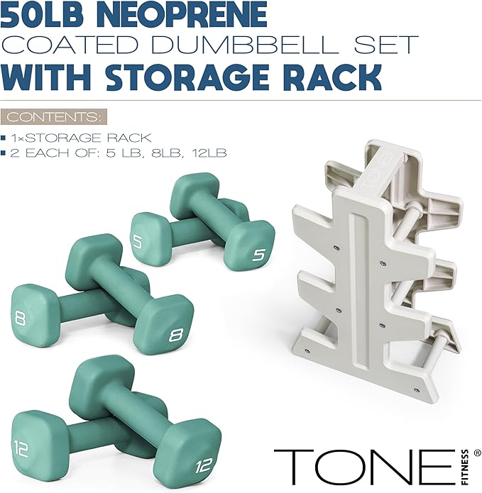 Tone Fitness Neoprene Dumbbell Set with Storage Rack – Non-Slip, Anti-Roll Hand Weights for Home Gym Workouts | 20 lb, 32 lb, & 50 lb Options