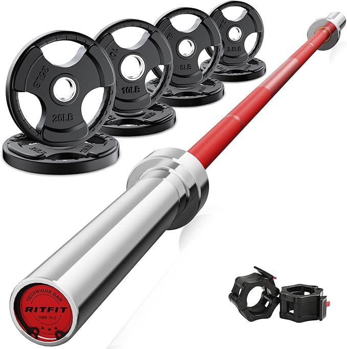 RitFit Barbell Weight Set - 4/6FT Olympic Barbell with Weight Plates (55-275LB Total) - Weightlifting Equipment for Squats, Curls, Deadlifts, Presses, Hip Thrusts