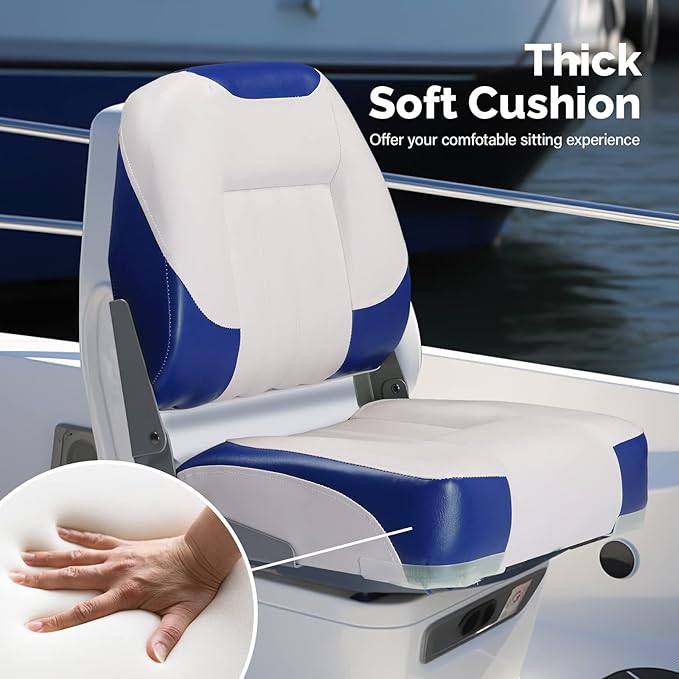 PEXMOR Boat Seats Low/High Back, Folding Boat Seat Included, Fold-Down Fishing Boat Seats Waterproof Captain Boat Seat w/Aluminum Hinges & Thick Soft Cushion, 2 Packs (Low Back-Blue & White)