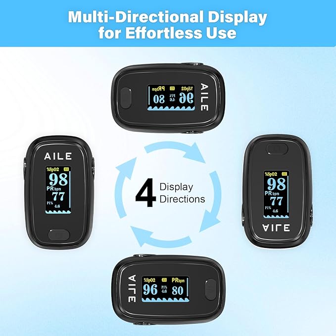 Pulse Oximeter with Fingertip Oxygen Meter : AILE Compact Fingertip Pulse Oximeter - Blood Oxygen/Heart Rate Monitor - 4 Color Screen Display - Including 2AAA Batteries for Athletic & Home (Black)