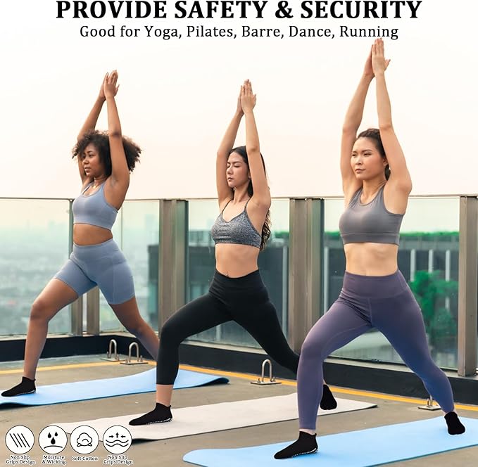 SkiBeaut Grips Non Slip Socks for Women, 4 Pairs Yoga Pilates Anti Skid Woman Hospital Gripper Socks (5-12)