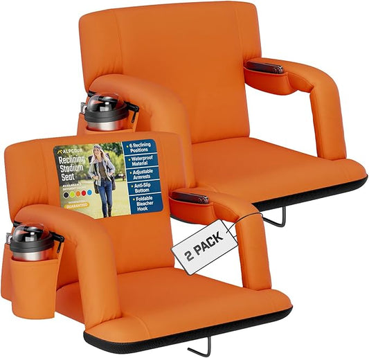Alpcour Reclining Stadium Seat – Wide Bleacher Chair with Back Support and Cushion, Armrests, Side Pockets, and Bleachers Hook – Best Stadium Seats Chairs for Camping, Kayak, & Paddle Board Backs