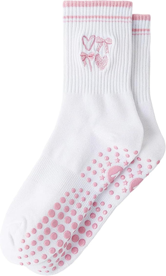 Yawlsow Pilates Grip Socks for Women Yoga Grippy Socks Cute Barre Non Skid Athletic Crew Sticky Sock Workout Hospital