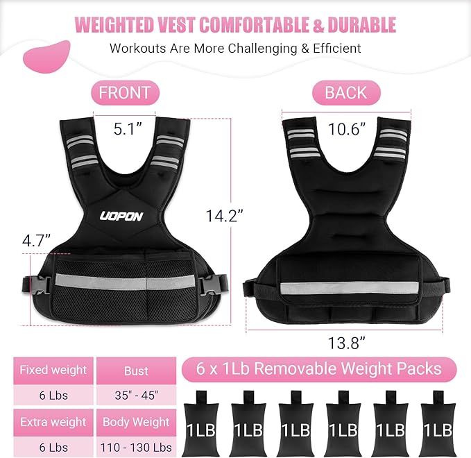 Adjustable Weighted Vest for Women, 6-12 Lbs Rucking Vest with 6 Ironsand Weights, Great Weighted Vest with Plus Pockets & Reflective Strips for Running, Walking, Workout and Strength Training