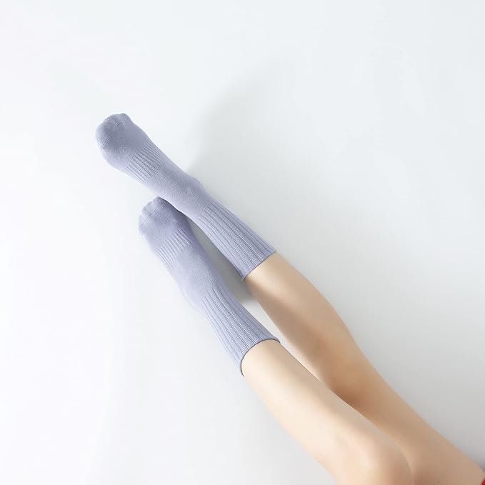 Yoga Pilates Socks with Grips for Women Non Slip Solid Colored Fleece Cushioned Mid Calf Crew Socks for Barre Ballet Dance