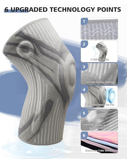 Knee Compression Sleeve, Knee Brace for Men & Women, Knee Support for Running, Basketball, Workout, Gym, Hiking, Sports, Gray, Large