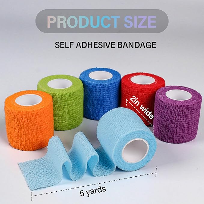 OZER 12 Pack 2 Inch x 5 Yards Self Adhesive Bandage Breathable Cohesive Bandage Wrap Rolls Elastic Self-Adherent Tape for Stretch Athletic, Sports, Wrist, Ankle (Colorful, 2 Inch)
