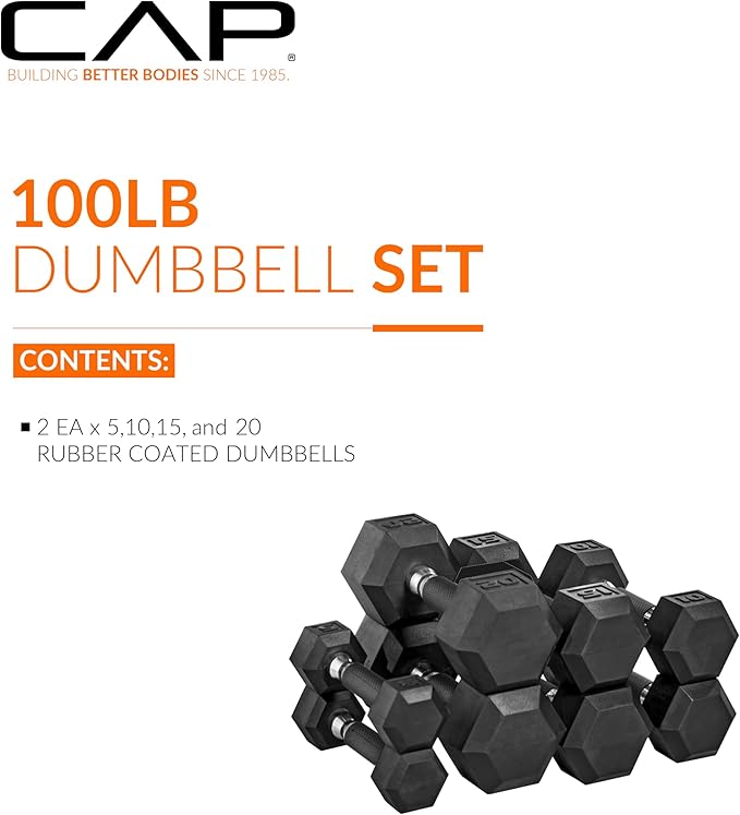 CAP Barbell Rubber Coated Dumbbell Weight Set with Vertical Rack | 100 lb, 150 lb, and 210 lb Options