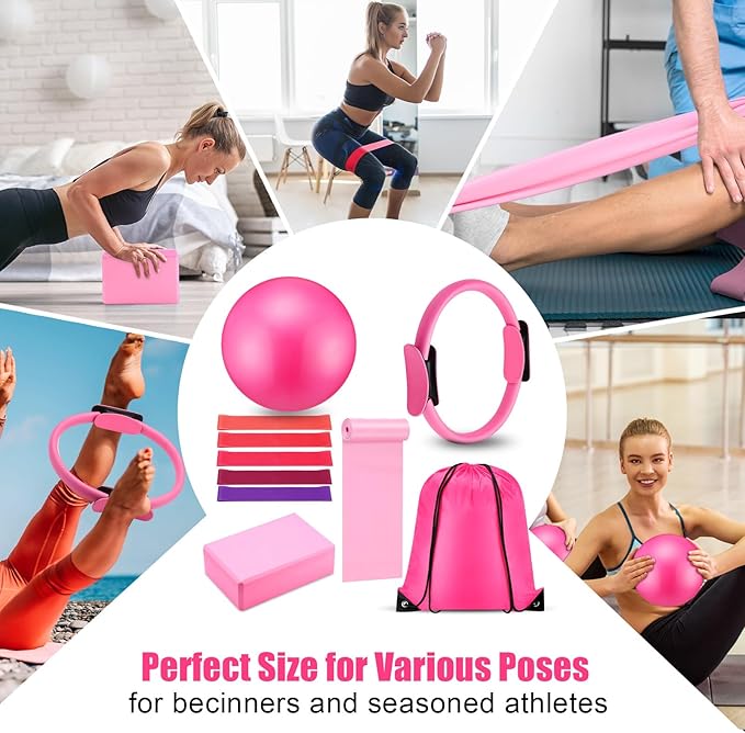 10 Pcs Pilates Ring Set for Women Home Yoga Equipment Accessories Pilates Ring Circle and Ball Workouts Gift Include Ball Yoga Circle Resistance Bands Block Straps Gym Bag