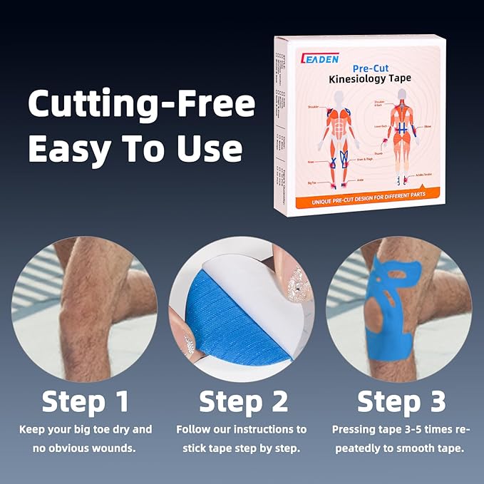 IEADEN Precut Kinesiology Tape for Knees, 20 Pcs - Knee Support & Stability, Knee Pain Relief Athletic Tape - Waterproof & Elastic, Breathable Hypoallergenic Latex-Free Tape, Blue