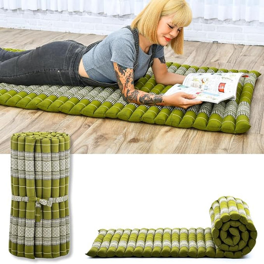 Leewadee - Foldable Floor Mattress - Japanese Roll Up Futon -Trifold Tatami Mat- Guest Floor Bed - Camping Mattress - Thai Massage Mat, Kapok Filled, 75 x 28 inches, Green