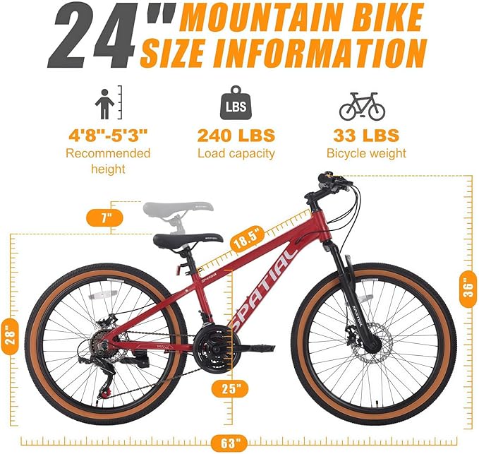 SPATIAL Mountain Bike, 24/26/27.5/29 inch Outdoor Cycling Bike,21/8 Speed Lightweight Aluminum Frame | Dual Disc Brakes,Adjustable Ergonomic Seat for Men Women Adult,MTB Bicycle