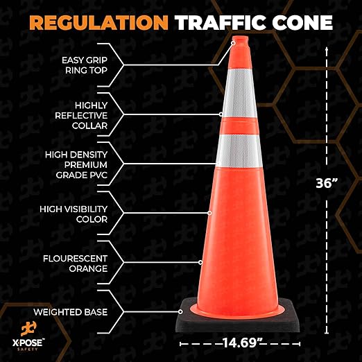 Xpose Safety 36 Inch Orange Traffic Cones Heavy Duty 12lb with 6" & 4" Collars, 1 Pack - Multipurpose PVC Plastic Safety Cone for Parking, Soccer, Caution, Kids and Construction - DOT Approved