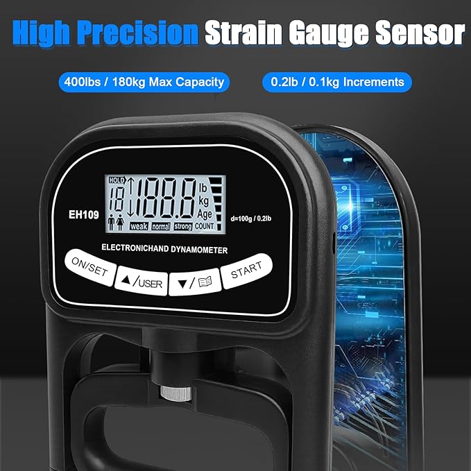 Grip Strength Tester 400 lbs/180 kg with Backlit LCD Display, Digital Hand Grip Dynamometer Records Up to 19 Users, Adjustable Grip Strength Trainer 11–220 lbs for Sports, Rehab, Home & School Use