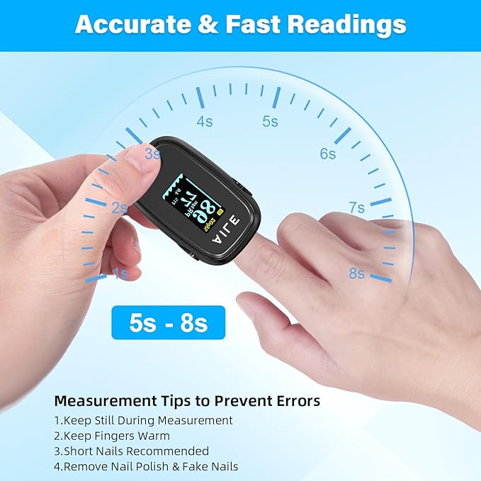 Pulse Oximeter with Fingertip Oxygen Meter : AILE Compact Fingertip Pulse Oximeter - Blood Oxygen/Heart Rate Monitor - 4 Color Screen Display - Including 2AAA Batteries for Athletic & Home (Black)