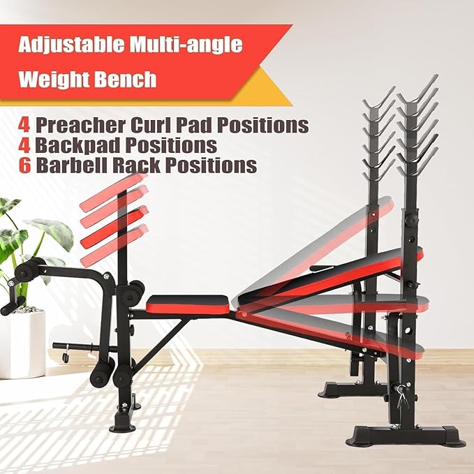 660lbs Weight Bench Set With Squat Rack, 6 in 1 Bench Press Set with Preacher Curl Pad, Weight Benches for Home Gym With Leg Extension, Foldable Incline Decline Workout Bench (Yellow)