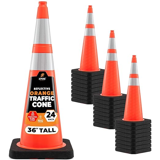 Xpose Safety 36 Inch Orange Traffic Cones Heavy Duty 15lb with 6" & 4" Collars, 24 Pack - Multipurpose PVC Plastic Safety Cone for Parking, Soccer, Caution, Kids and Construction - DOT Approved