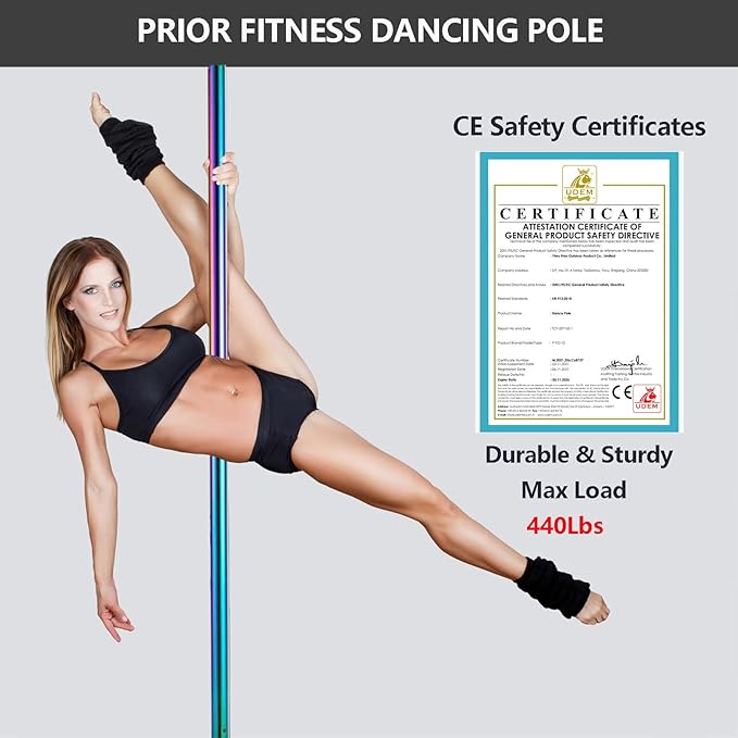 PRIOR FITNESS Premium Dance Pole Removable 45mm Spinning & Static Dancing Pole Heavy-Duty Steel Pole Dancing Pole, Adjustable Height Professional Grade Excellent for Home Exercise Club Gym