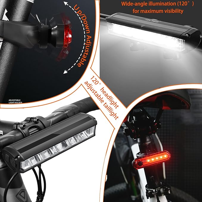 Bright Bike Light Set for Night Riding, LED Bicycle Light High Beam Low Beam, USB-C Rechargeable Bicycle Headlight Set, Waterproof Bike Headlight and Taillight for Adult Kid Mountain