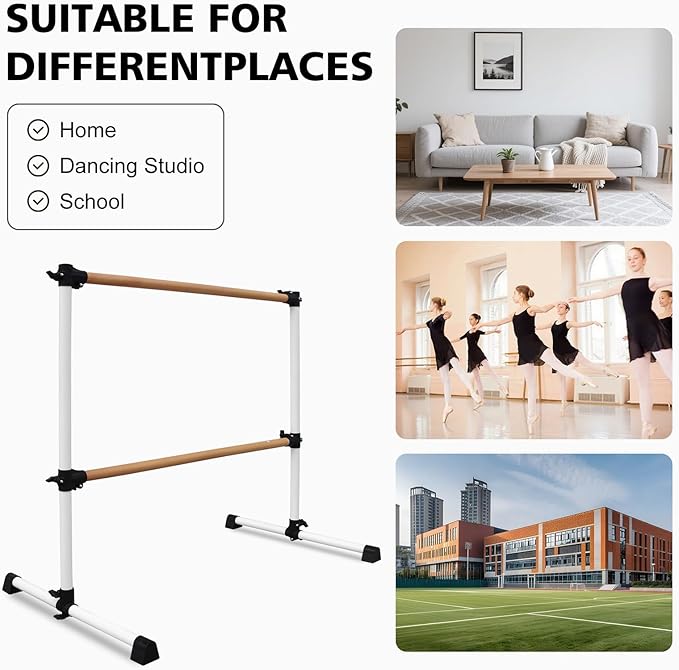 4FT/6FT Freestanding Ballet Barre Wood/Steel Height Adjustable from 7 to 46 inch Ballet Bar Portable Double Dance Bar for Home Workout and Stretch