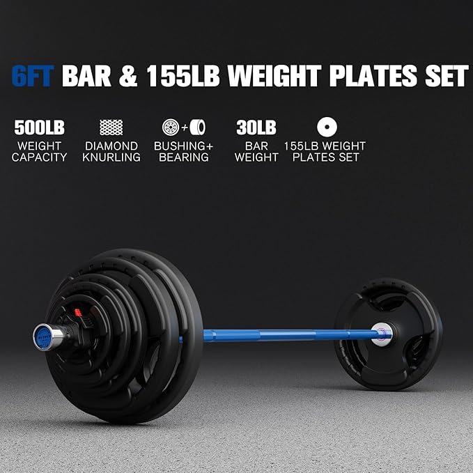 RitFit Barbell Weight Set - 4/6FT Olympic Barbell with Weight Plates (55-275LB Total) - Weightlifting Equipment for Squats, Curls, Deadlifts, Presses, Hip Thrusts