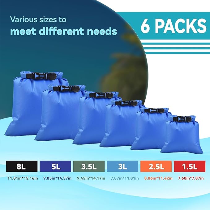 6PCS Dry Bags Waterproof, Lightweight Dry Bags for Kayaking Waterproof，Outdoor Waterproof Bag for Kayaking Hiking Boating Camping
