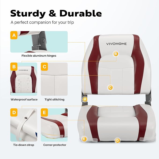 VIVOHOME Folding Low Back Boat Seats 2 Pack, Waterproof Boat Captain Chairs, 4 Mounting Screws Included, White and Red