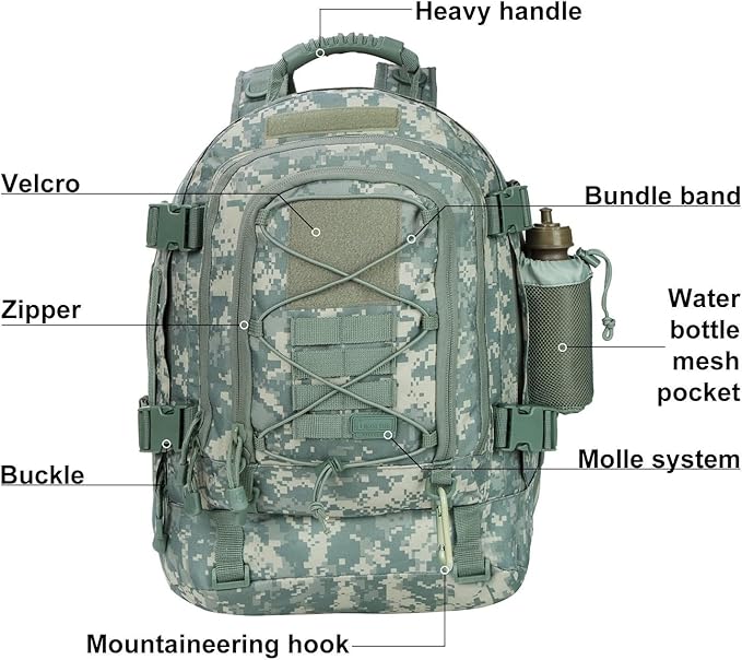 Expandable 40-64L Military Tactical Backpack 3 Day Bag Hiking Gym Sport Camping
