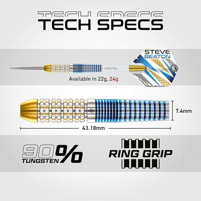 WINMAU Darts - Professional Player - Steve Beaton Legacy Edition 90% Tungsten Darts Set with Dart Flights and Dart Shafts (Stems) – Available in Soft and Steel Tip - Available weights 18g, 22g and 24g