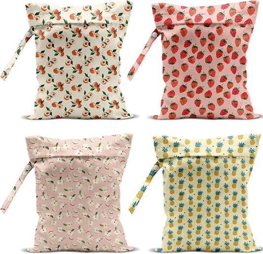 4 Pack Cute Fruit Wet Bag Waterproof Washable Reusable Wet Dry Bag for Swimsuit Clothes Cloth Diaper Travel Beach Pool Yoga Gym Toiletries Travel Beach Essentials Strawberry Pineapples
