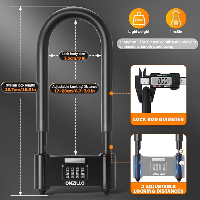 Bike Lock, Heavy Duty Bicycle Locks Anti Theft with Security Steel Cable, 4-Digit Resettable Combination U Lock 16.5mm Shackle, Combo Long Bike U Lock Keyless for Bike MTB Road Outdoor & Door