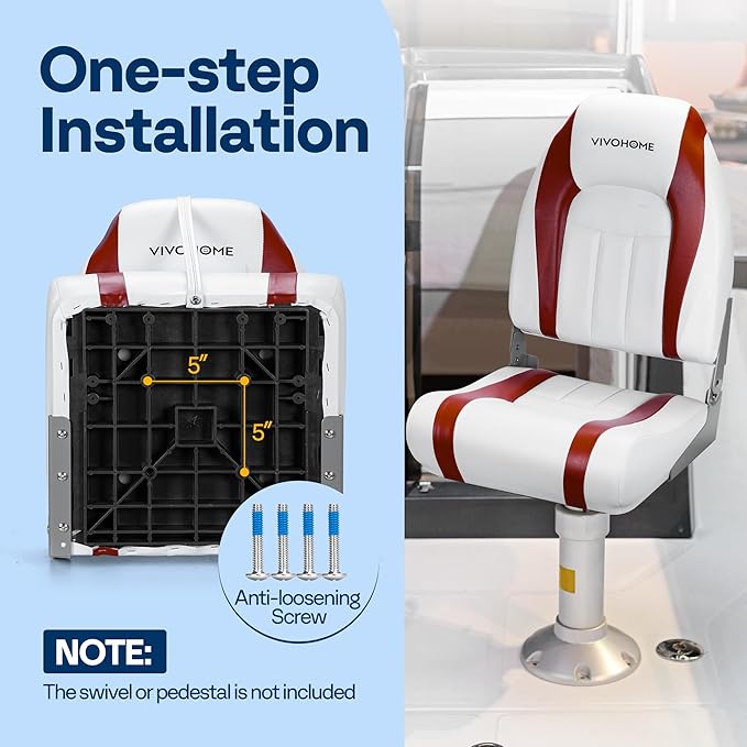 VIVOHOME Folding High Back Boat Seats 2 Pack, Waterproof Boat Captain Chairs, 4 Mounting Screws Included, White and Red