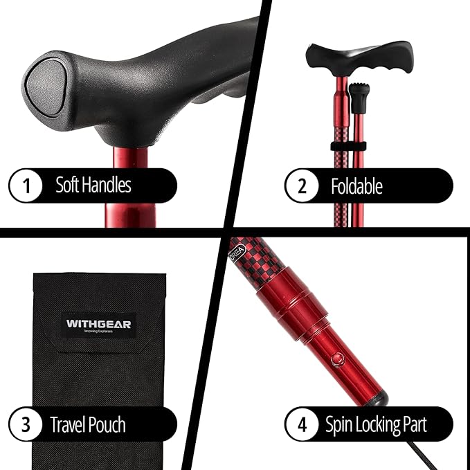 Ergo Walking Cane for Men & Women - Adjustable Foldable Walking Stick (Right-Handed Black Cane)